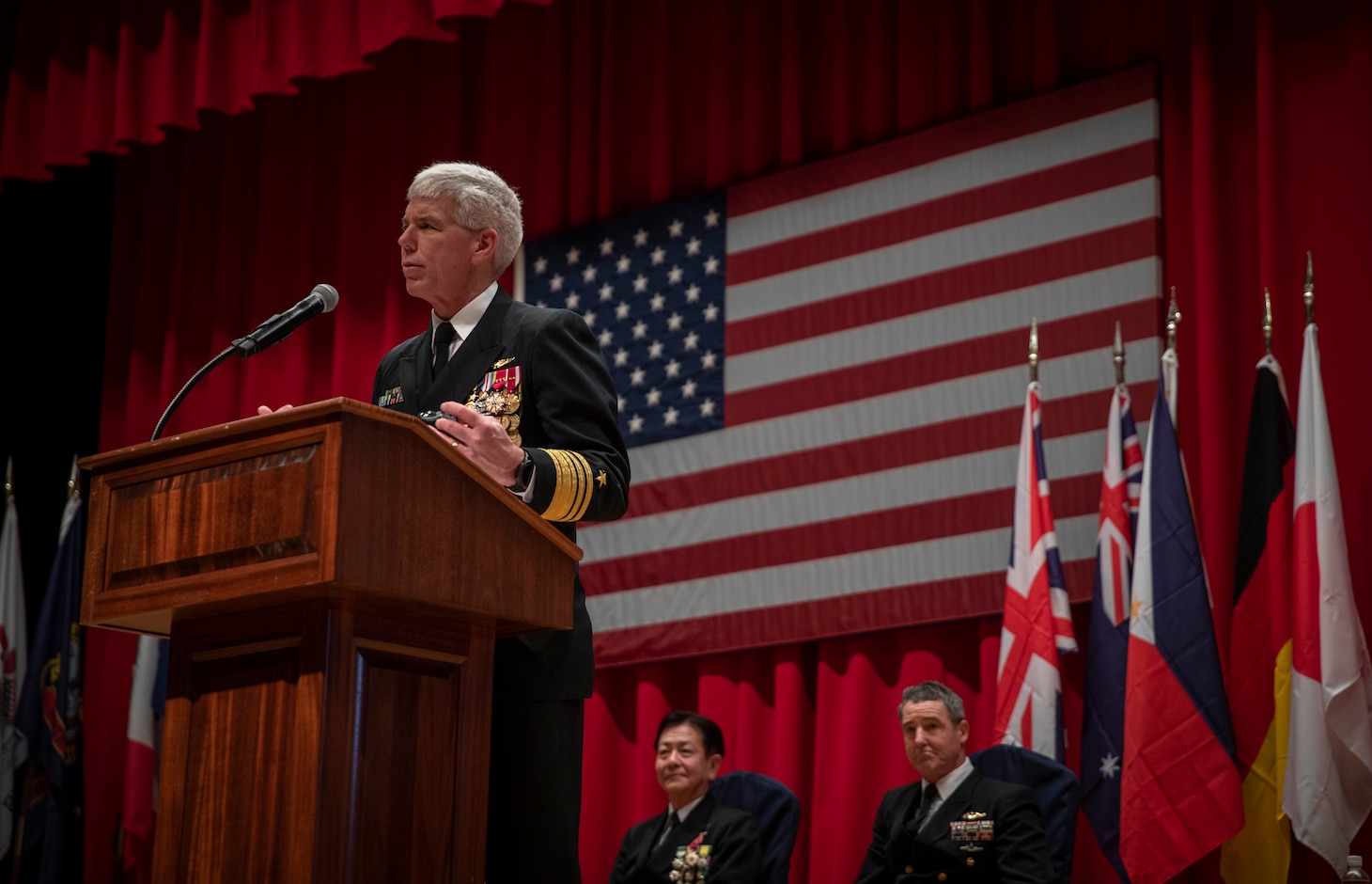 Vice Adm. Karl Thomas, Commander, U.S. 7th Fleet, speaks during the U.S. 7th Fleet Change of Command ceremony onboard Commander, Fleet Activities Yokosuka, Feb. 15.
