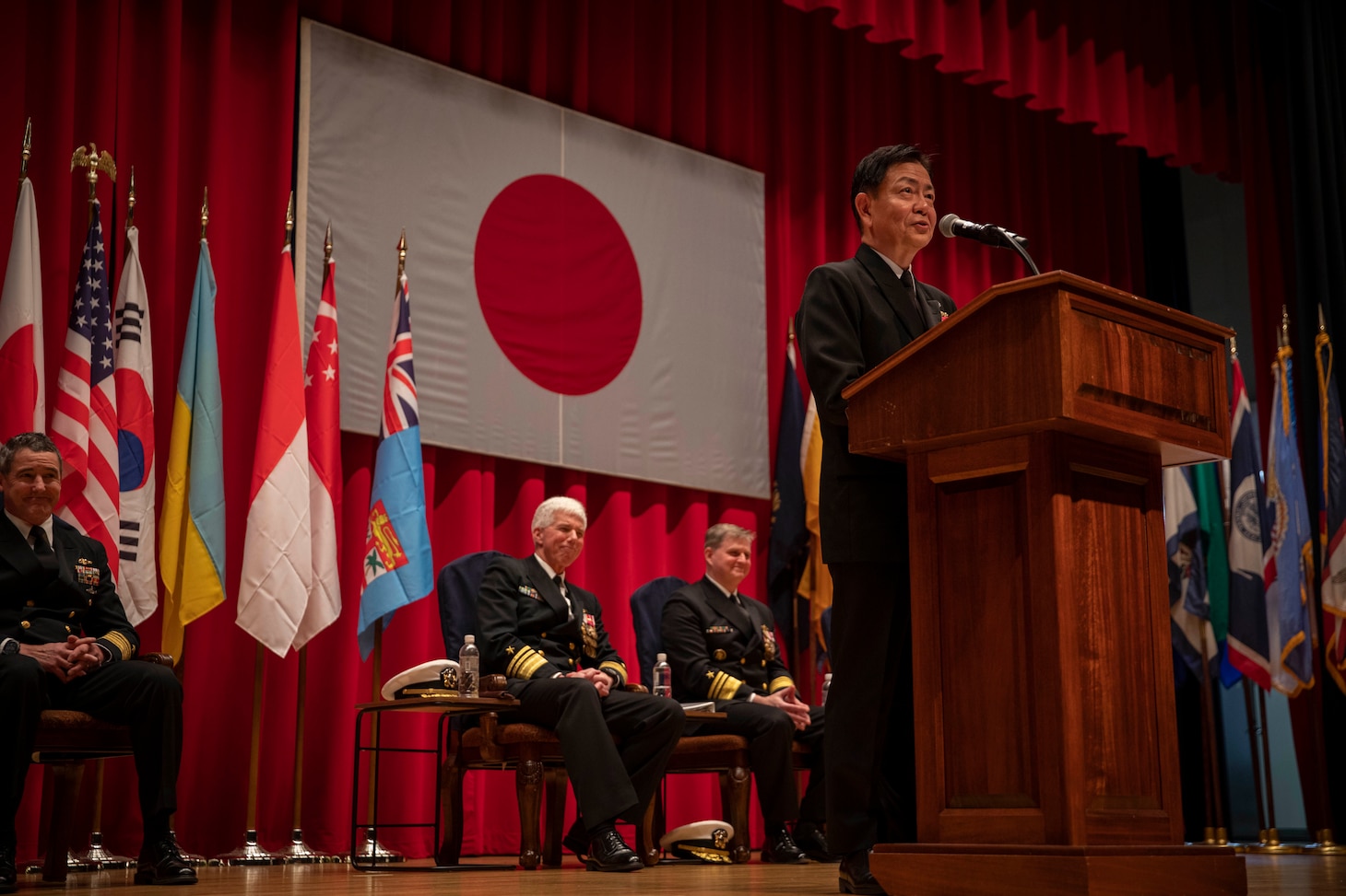 Japan Maritime Self-Defense Force Vice Adm. SAITO Akira, Commander in Chief, Self-Defense Fleet (SDF) speaks during the Commander, U.S. 7th Fleet Change of Command ceremony onboard Commander, Fleet Activities Yokosuka, Feb. 15.