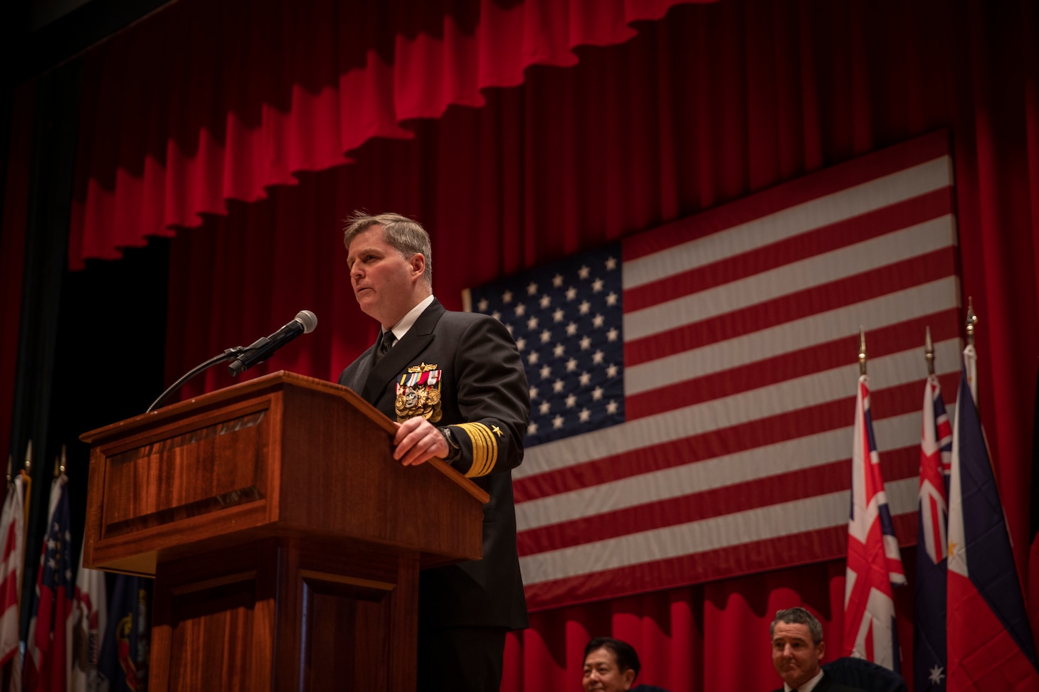 Vice Adm. Fred Kacher, Commander, U.S. 7th Fleet, speaks during the U.S. 7th Fleet Change of Command ceremony onboard Commander, Fleet Activities Yokosuka, Feb. 15.