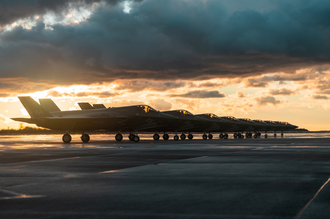 U.S. Marine Corps pilots with Marine Fighter Attack Squadron (VMFA) 542, 2nd Marine Aircraft Wing, stage in formation at Marine Corps Air Station Cherry Point, North Carolina, Feb. 13, 2024. VMFA-542 is scheduled to deploy to Norway for Exercise Nordic Response 24. Exercise Nordic Response, formerly known as Cold Response, is a NATO training event conducted every two years to promote military competency in arctic environments and to foster interoperability between the U.S. Marine Corps and allied nations. (U.S. Marine Corps photo by Lance Cpl. Madison Blackstock)