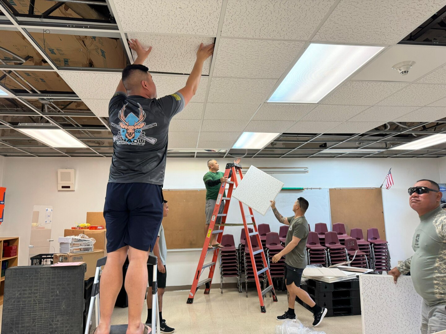 Soldiers from the Guam National Guard’s Bravo Company, 1-294th Infantry Regiment (Chamorri Battalion), activated as Team Binadu under Task Force Talon, helped Adacao Elementary School prepare for inspection Feb. 7, 2024. The school was damaged by Typhoon Mawar almost nine months ago.