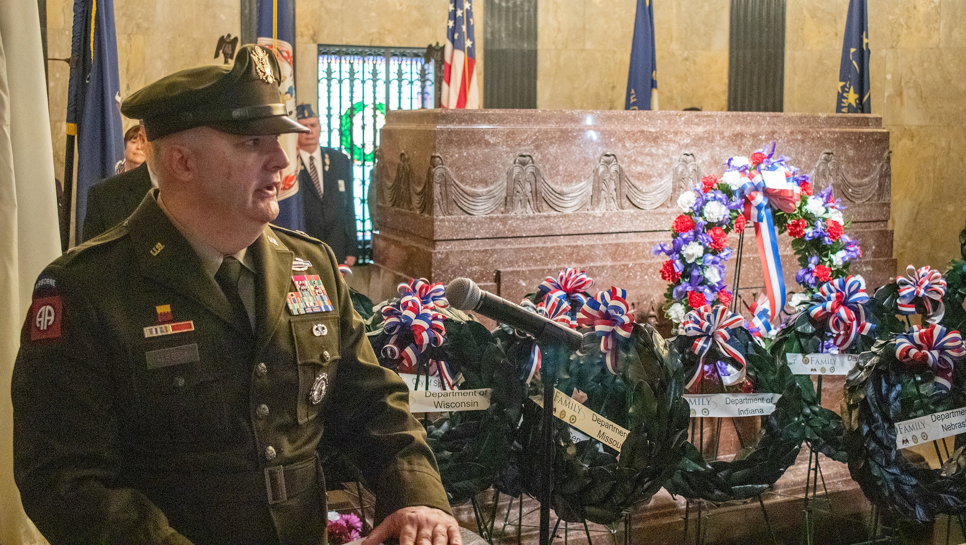 Brig. Gen. Mark Alessia delivers remarks at the tomb of President Abraham Lincoln Feb. 12, 2024, at Oak Ridge Cemetery in Springfield, Illinois, after placing a wreath at Lincoln’s Tomb on the 215th anniversary of birth.