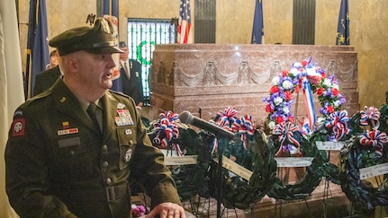 Brig. Gen. Mark Alessia delivers remarks at the tomb of President Abraham Lincoln Feb. 12, 2024, at Oak Ridge Cemetery in Springfield, Illinois, after placing a wreath at Lincoln’s Tomb on the 215th anniversary of birth.