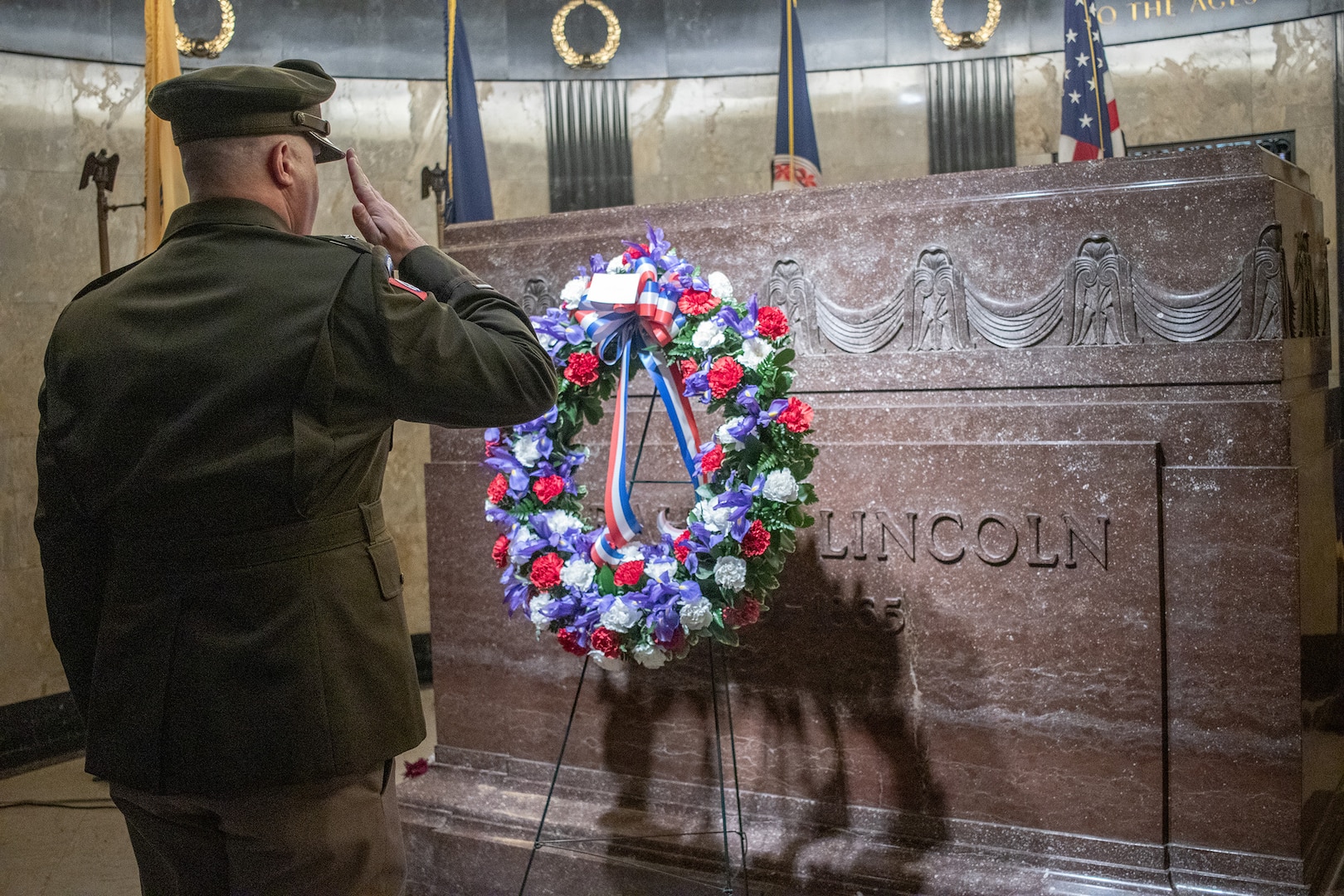 Brig. Gen. Mark Alessia, Illinois National Guard, salutes after placing a wreath at the tomb of former President Abraham Lincoln on behalf of the president of the United States Feb. 12, 2024, as part of the 90th annual American Legion Pilgrimage to Lincoln’s Tomb at Oak Ridge Cemetery, Springfield, Illinois.