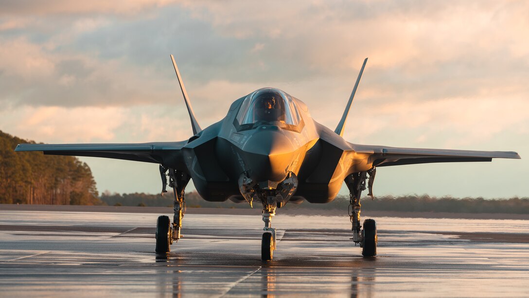 A U.S. Marine Corps F-35B Lightning II with Marine Fighter Attack Squadron (VMFA) 542, 2nd Marine Aircraft Wing, prepares to taxi at Marine Corps Air Station Cherry Point, North Carolina, Feb. 13, 2024. VMFA-542 is scheduled to deploy to Norway for Exercise Nordic Response 24. Exercise Nordic Response, formerly known as Cold Response, is a NATO training event conducted every two years to promote military competency in arctic environments and to foster interoperability between the U.S. Marine Corps and allied nations. (U.S. Marine Corps photo by Lance Cpl. Madison Blackstock)