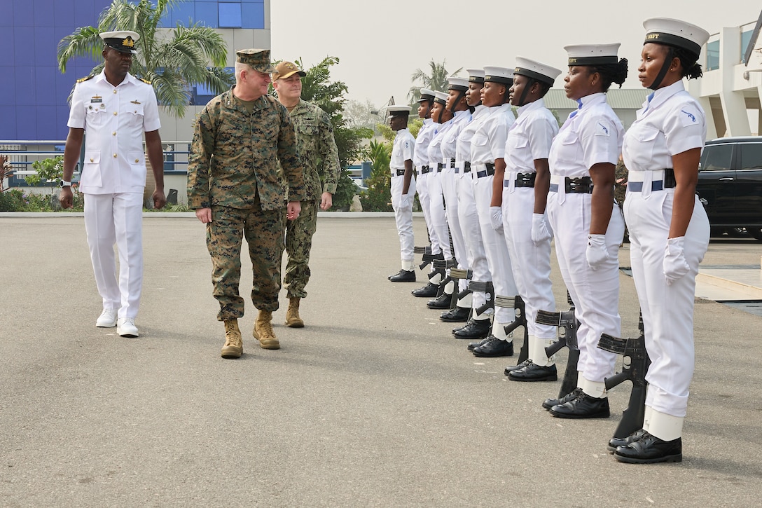 U.S. Marine Corps Maj. Gen. Robert B. Sofge Jr., commander of U.S. Marine Corps Forces Europe and Africa, and Rear Adm. Calvin M. Foster, U.S. 6th Fleet Vice Commander, are greeted by Ghana Navy Sailors at the Navy Headquarters in Accra, Ghana on Feb. 6, 2024. During the visit Sofge spoke with key leaders of the Ghana Navy, where he addressed the importance of the U.S. Marines mission in Ghana and it's surrounding regions. (U.S. Marine Corps photo by Lance Cpl. Mary Linniman)