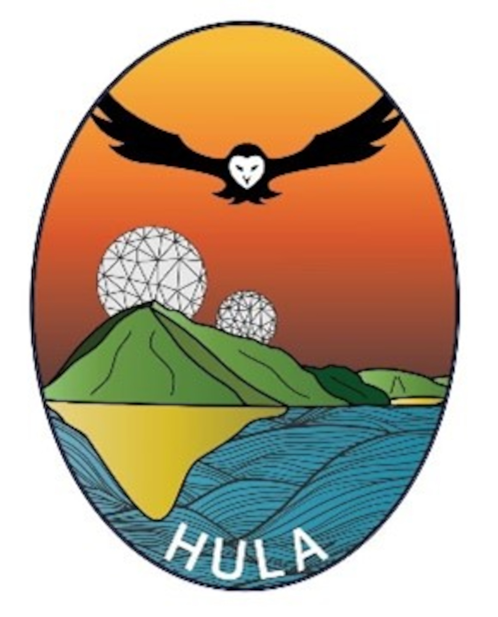 logo of artistic island landscape of Hawaii with an owl flying overhead and radomes atop the mountains and the word "HULA" at the bottom.