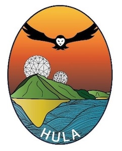 logo of artistic island landscape of Hawaii with an owl flying overhead and radomes atop the mountains and the word "HULA" at the bottom.