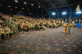Adm. Lisa Franchetti delivers remarks during an all-hands call at Naval Base San Diego.