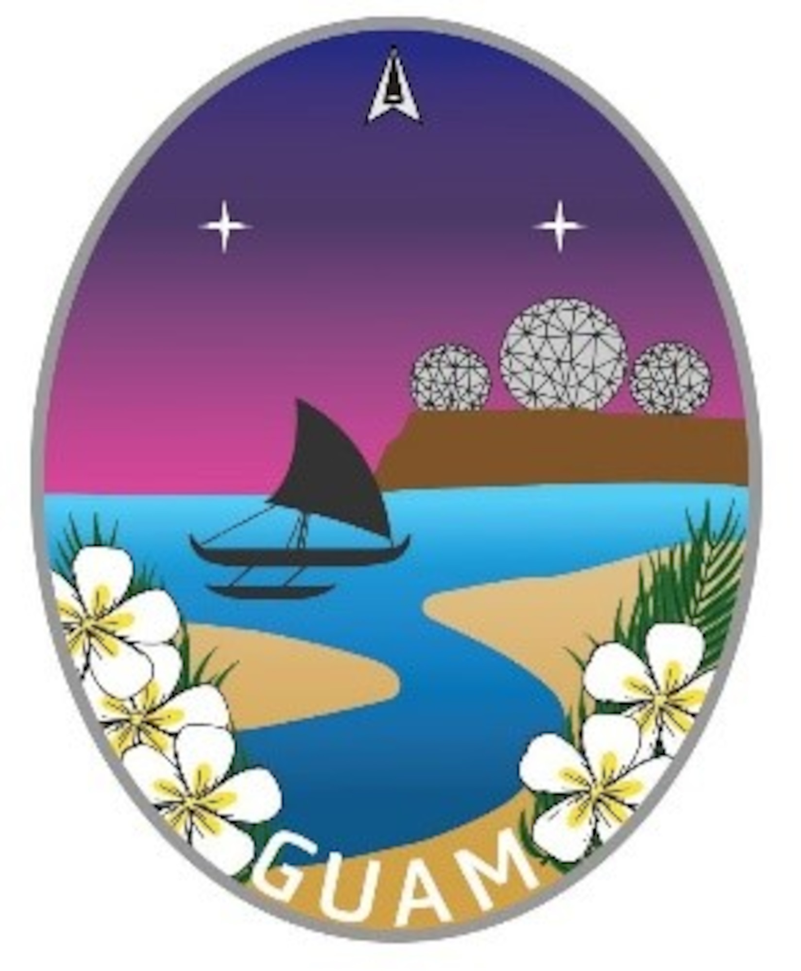 Logo of Guam landscape with boat in the ocean and radomes in the background on a mountain