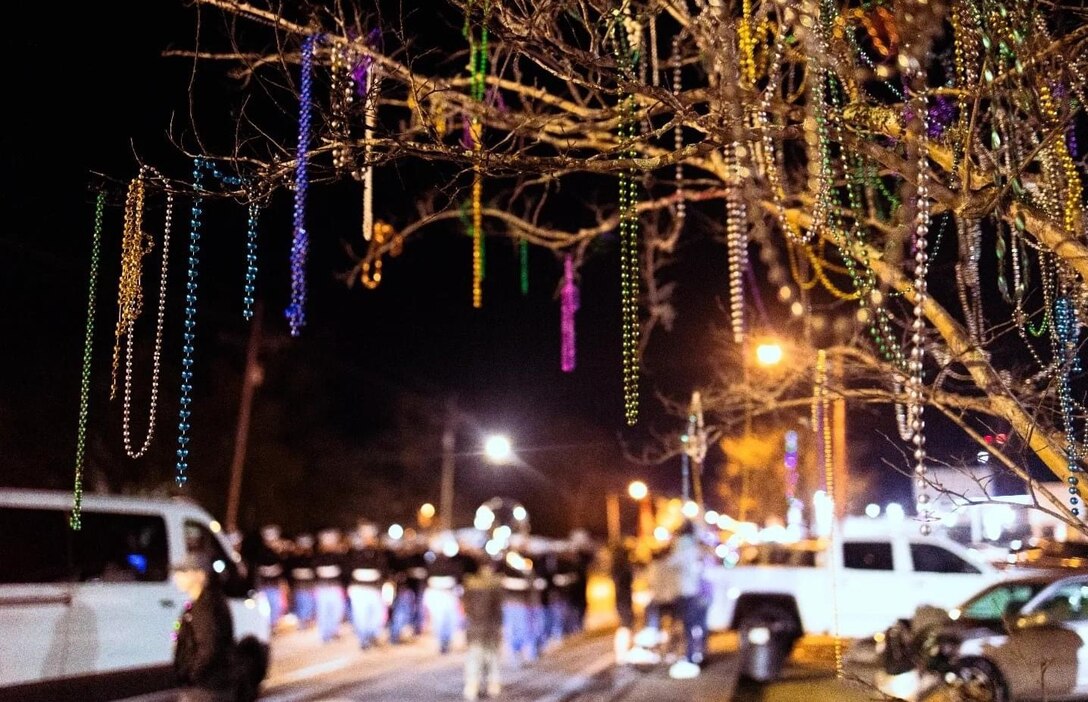 The Marine Forces Reserve Ceremonial Band performed at the Krewe of Poseidon Mardi Gras Parade in Slidell, Louisiana.