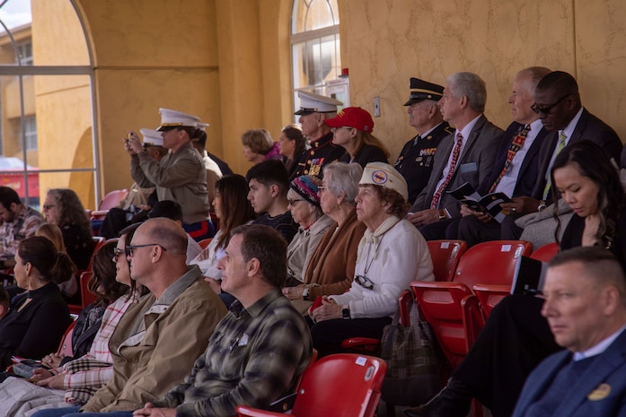Linda A. Walters, center, a member of Gold Star Wives of America, Inc.’s San Diego Chapter, observes a graduation ceremony at Marine Corps Recruit Depot San Diego, California, Feb. 9, 2024. Gold Star Wives of America, Inc. works to help chapter members and their children honor the memory of their military parents and spouses who made the ultimate sacrifice in service to their country. (U.S. Marine Corps photo by Cpl. Elliott A. Flood-Johnson)