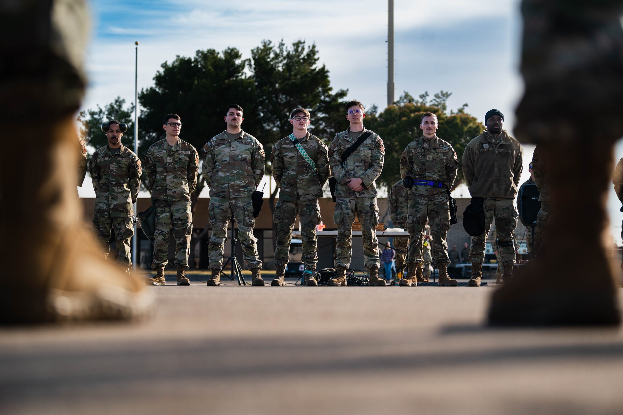 U.S. Air Force Airmen stand in line before the annual weapons load competition.