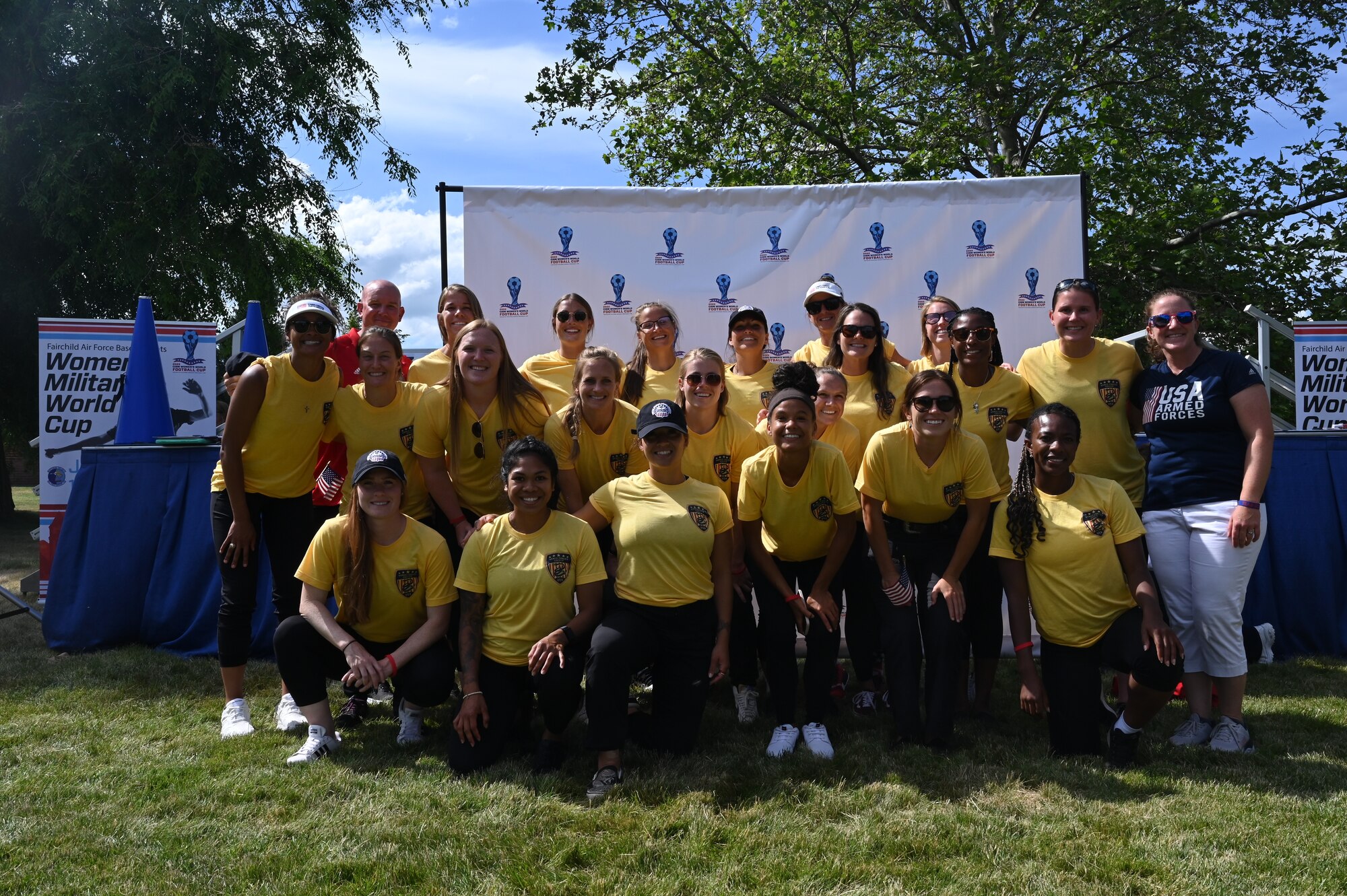 U.S. Armed Forces Women's Soccer team poses for a photo.