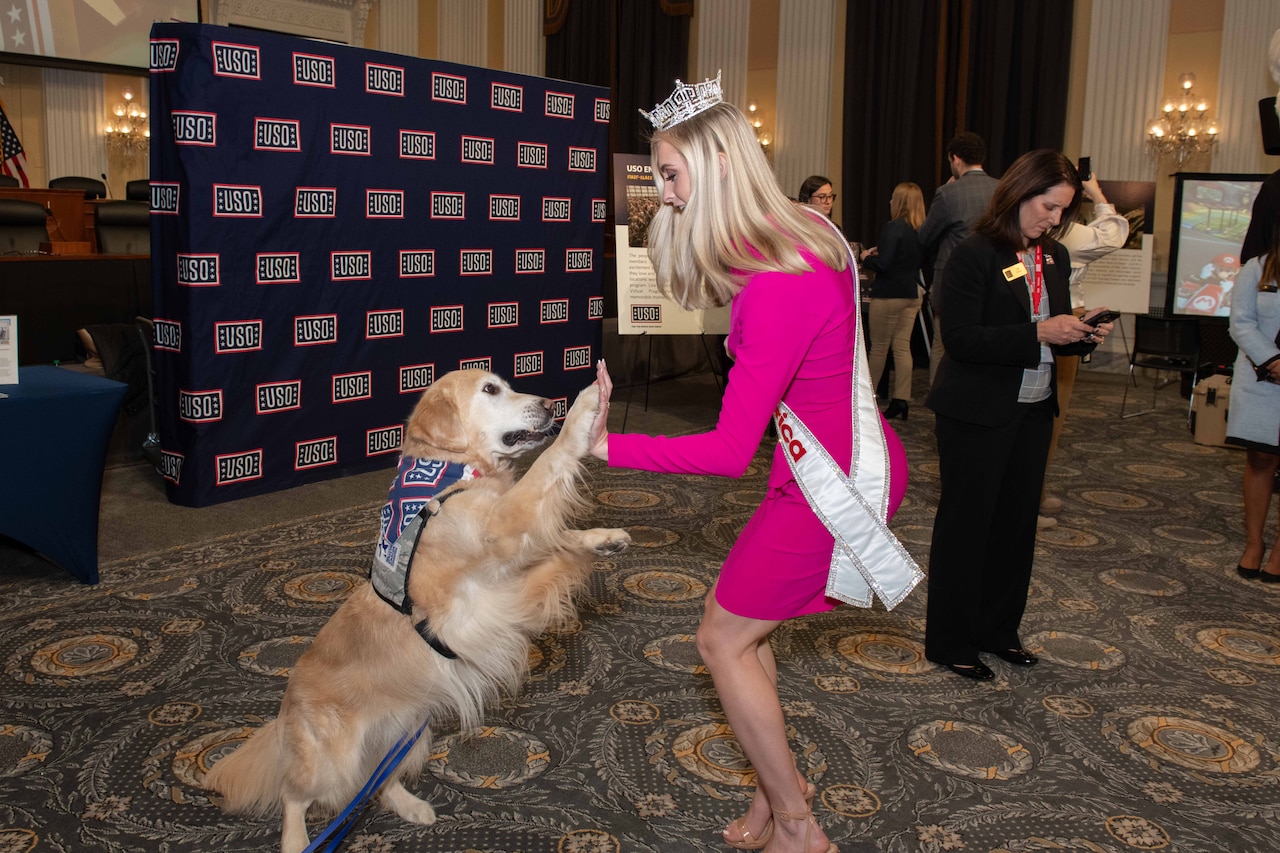 A woman high-fives a golden retriever.