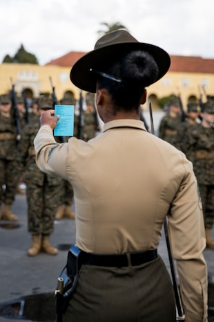 U.S. Marine Sgt. Destiny Dempsey, a drill instructor with Mike Company, 3rd Recruit Training Battalion, reviews her initial drill card at Marine Corps Recruit Depot San Diego, Feb. 9, 2024. The initial drill evaluation tests each platoon's ability to listen to the orders of their drill instructor, and acts as a demonstration of the unit's degree of discipline and esprit de corps. (U.S. Marine Corps photo by Sgt. Yvonna Guyette)