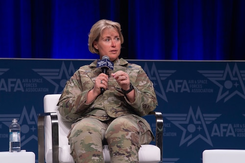 U.S. Space Force Lt. Gen. DeAnna M. Burt, deputy chief of Space Operations for Operations, Cyber, and Nuclear, makes remarks during the panel discussion “Space Order of Battle" at the Air and Space Forces Association 2024 Warfare Symposium in Aurora, Colo., Feb. 13, 2024. During the discussion, panelists emphasized the growing threats in the space domain from competitors like China and Russia who have demonstrated dual use capabilities and a wartime space architecture that could put the joint force and its allies and partners at risk. (U.S. Air Force photo by Staff Sgt. Olivia Stecker)