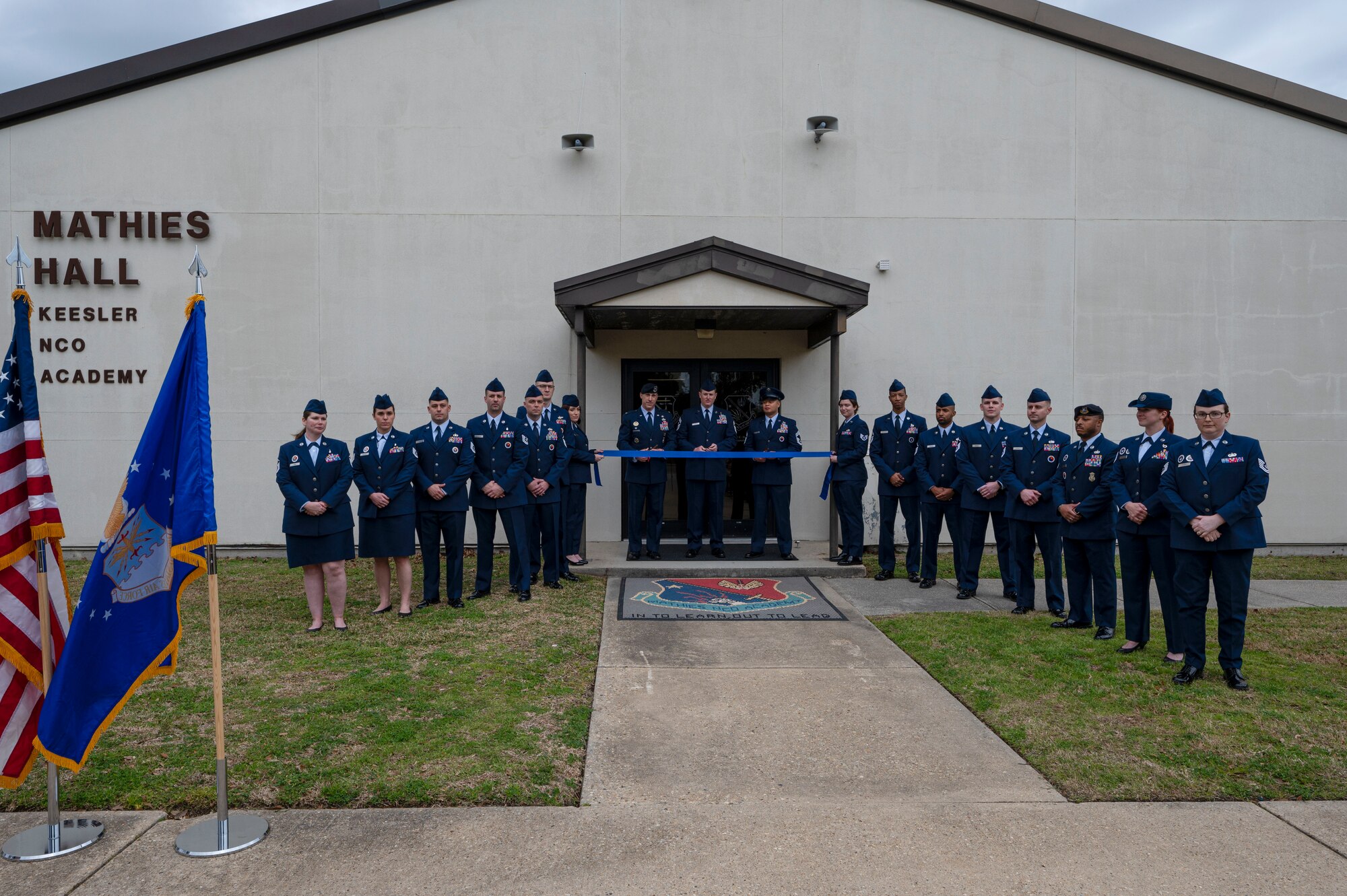 Members of the Mathies Noncommissioned Officer Academy pose for photo during the assumption of responsibility and ribbon cutting ceremony on Keesler Air Force Base, Mississippi, Feb. 8, 2024.