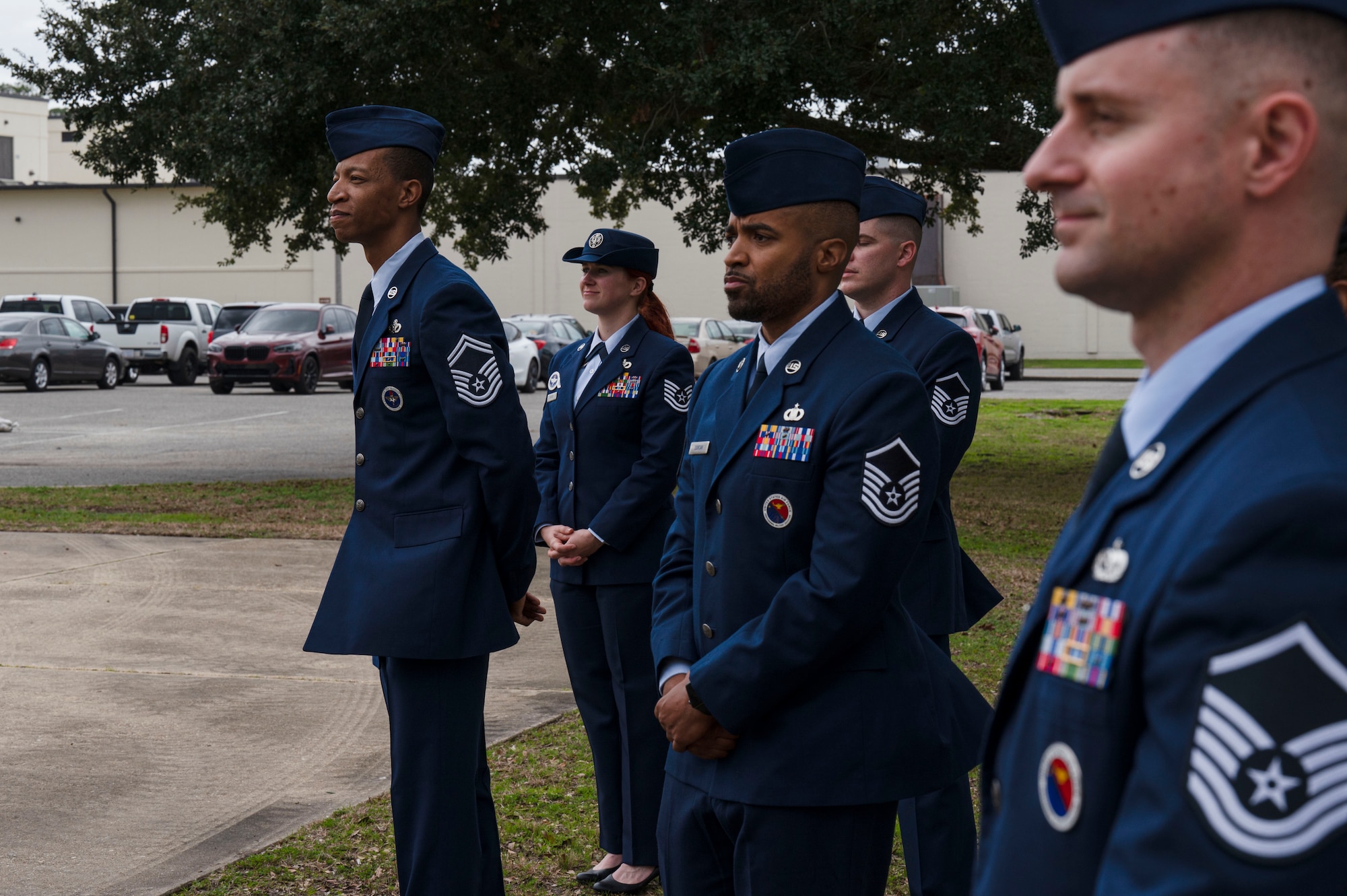 Members of the Mathies Noncommissioned Officer Academy attend the assumption of responsibility and ribbon cutting ceremony on Keesler Air Force Base, Mississippi, Feb. 8, 2024.