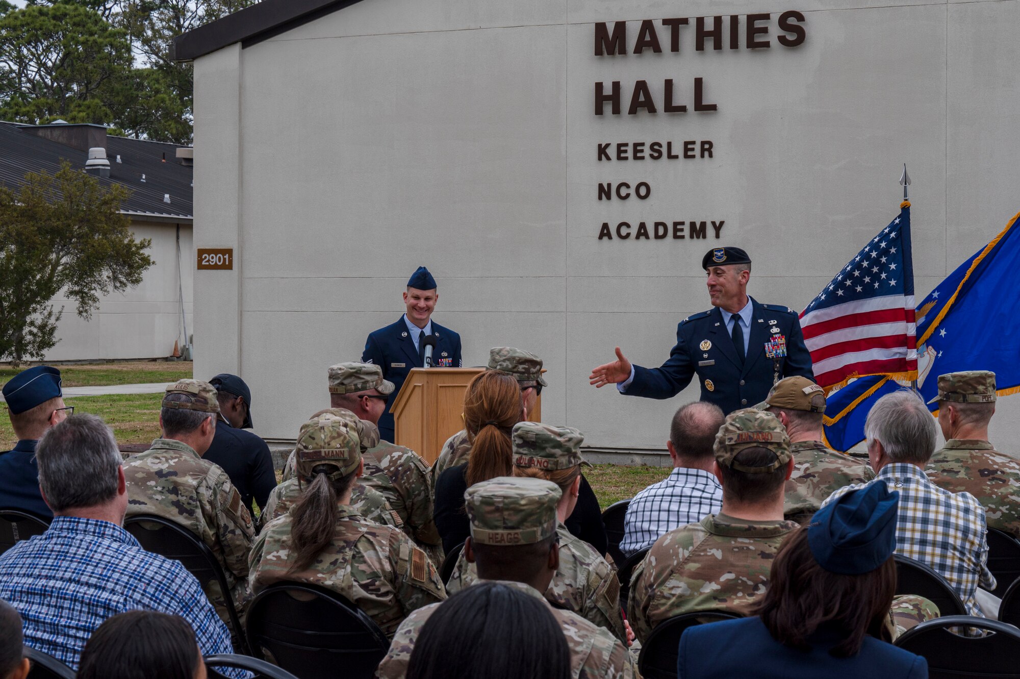 U.S. Air Force Col. Damian Schlussel, Thomas N. Barnes Center for Enlisted Education commander, gives a speech during the assumption of responsibility and ribbon cutting ceremony on Keesler Air Force Base, Mississippi, Feb. 8, 2024.