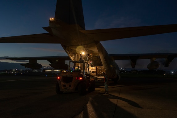 U.S. Marines with Marine Aerial Refueler Transport Squadron 152, 1st Marine Aircraft Wing, and Philippine Air Force service members offload Department of Social Welfare and Development family food packs from a KC-130J Super Hercules aircraft at Davao International Airport, Davao City, Philippines, Feb. 12, 2024. At the request of the Government of the Philippines, the U.S. Marines of III Marine Expeditionary Force are supporting the U.S. Agency for International Development in providing foreign humanitarian assistance to the ongoing disaster relief mission in Mindanao. The forward presence and ready posture of III MEF assets in the region facilitated rapid and effective response to crisis, demonstrating the U.S.’s commitment to Allies and partners during times of need. (U.S. Marine Corps photo by Sgt. Savannah Mesimer)