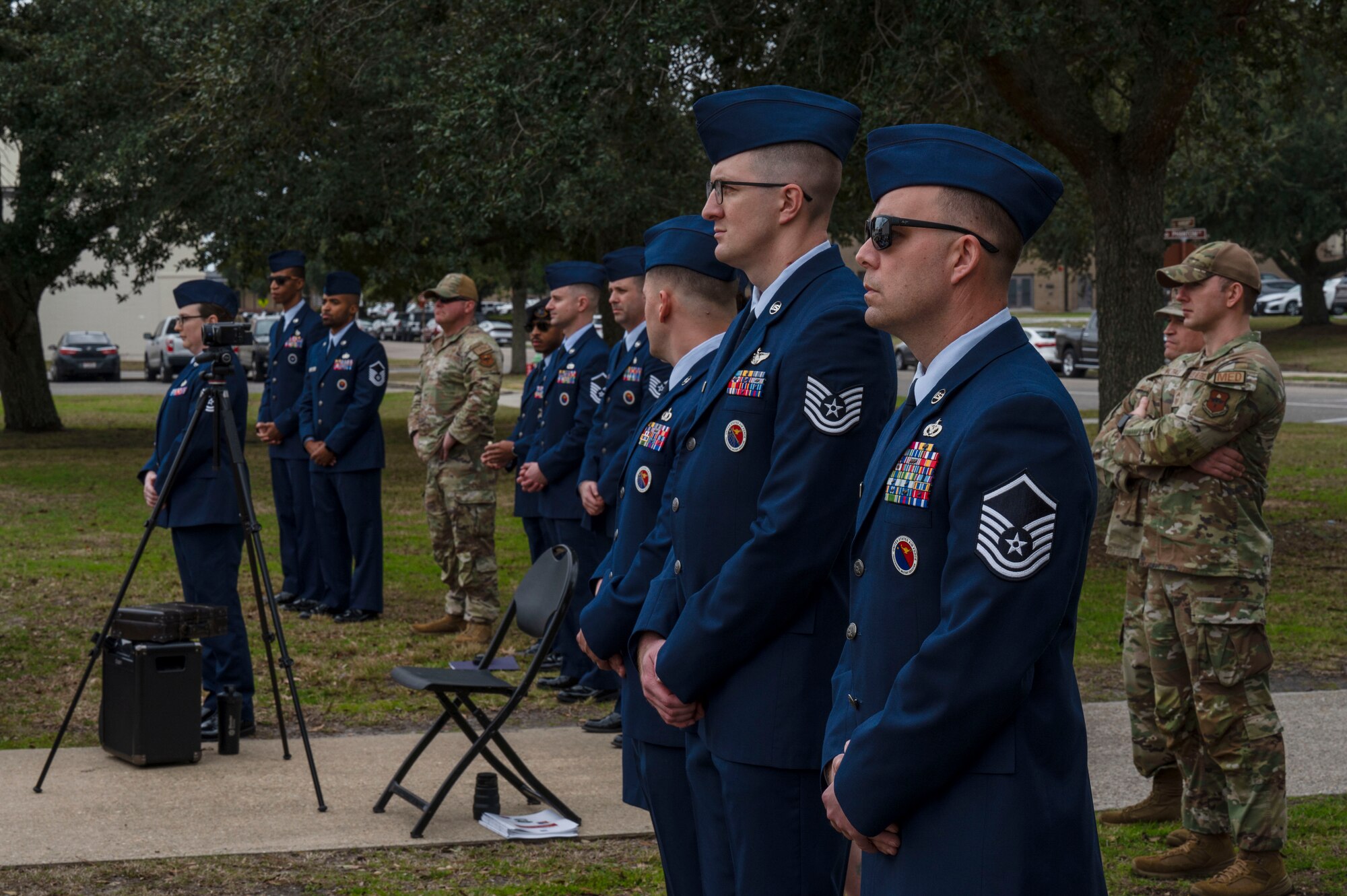 Members assigned to the 81st Training Wing attend an assumption of responsibility and ribbon cutting ceremony at the Archibald Mathies Noncommissioned Officer Academy, Keesler Air Force Base, Mississippi on Feb. 8, 2024.