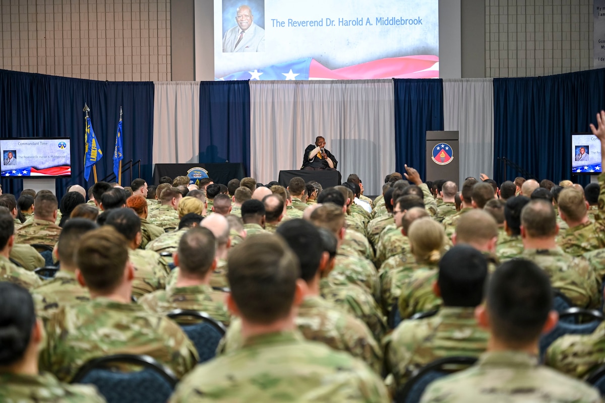 Rev. Dr. Harold Middlebrook shares his stories and experiences with the students and staff during Black History Month at the I.G. Brown Training and Education Center (TEC), McGhee Tyson Air National Guard Base, Tennessee, Feb. 9, 2024.