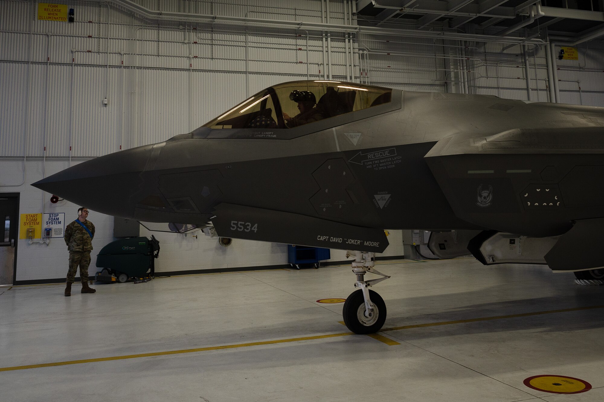 U.S. Air Force Capt. David Moore, 355th Fighter Squadron F-35A Lightning II pilot performs pre-takeoff procedures on Eielson Air Force Base, Alaska, Feb. 14, 2024.