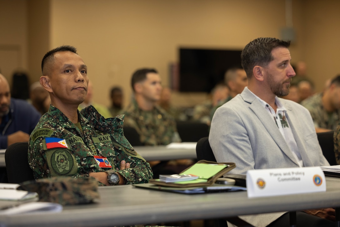 Philippine Marine Col. Ashley Nastor, AC of MS for Plans and Programs, MC5, observes staff talks on Camp H.M. Smith, Hawaii, Feb. 13, 2024. These annual meetings promote military interoperability, strengthen relationships, and expand military capabilities among participating forces in the advancement of a Free and Open Indo-Pacific. (U.S. Marine Corps photo by Lance Cpl. Matthew Benfield)