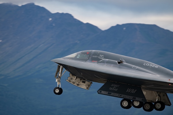 B-2 Spirit assigned to 509th Bomb Wing takes off from Joint Base Elmendorf-Richardson, Alaska, July 19, 2023, as part of bomber Agile Combat Employment exercise (U.S. Air Force/Patrick Sullivan)
