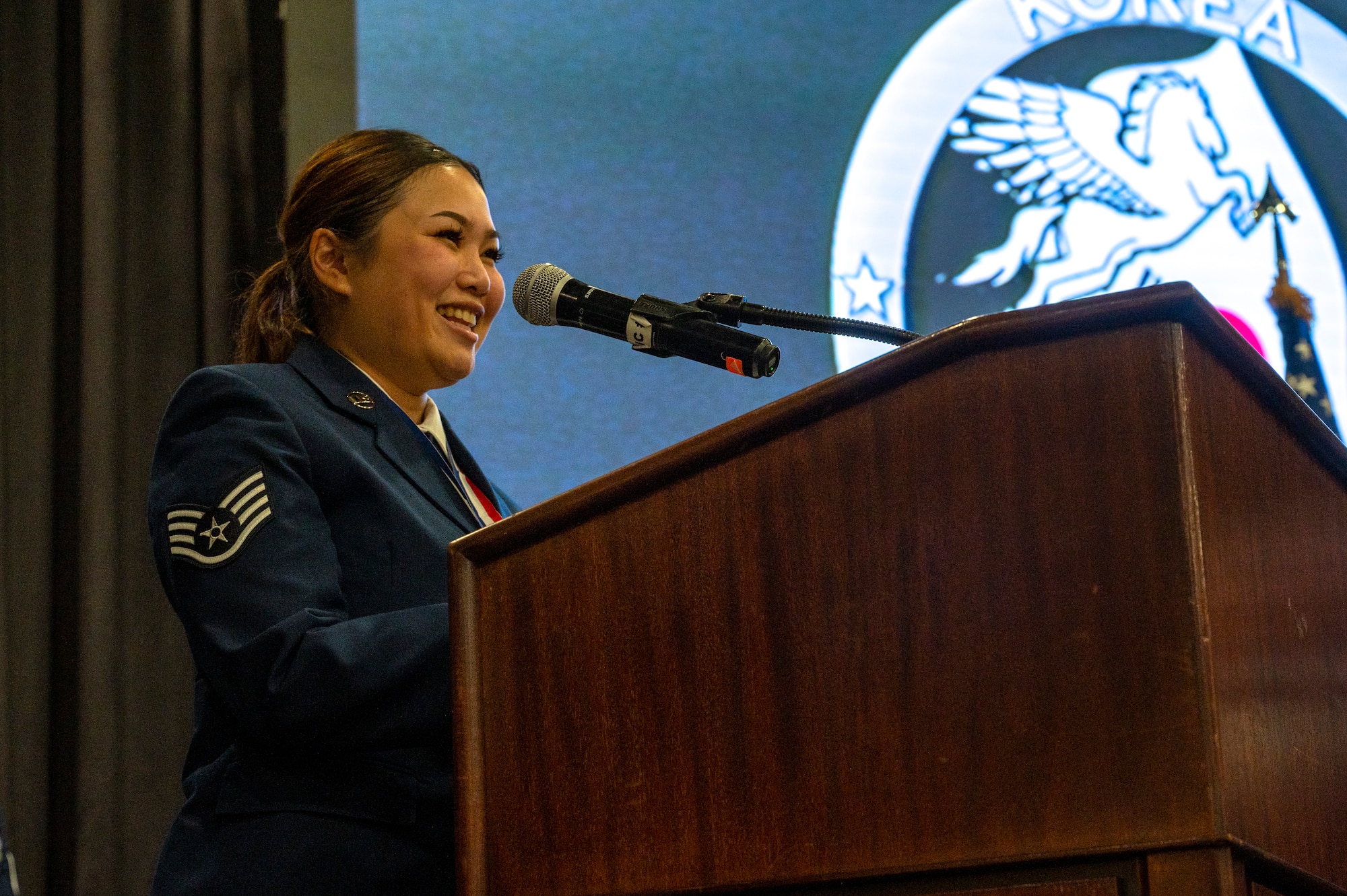 U.S. Air Force Staff Sgt. April Sacluti, 51st Maintenance Group unit training manager, delivers a speech after earning the John L. Levitow Award during the Airman Leadership School Class 24-A graduation at Osan Air Base, Republic of Korea, Feb. 15, 2024. The Levitow Award is presented to the graduate who exemplifies the qualities of leadership, followership and service. (U.S. Air Force photo by Senior Airman Kaitlin Castillo)