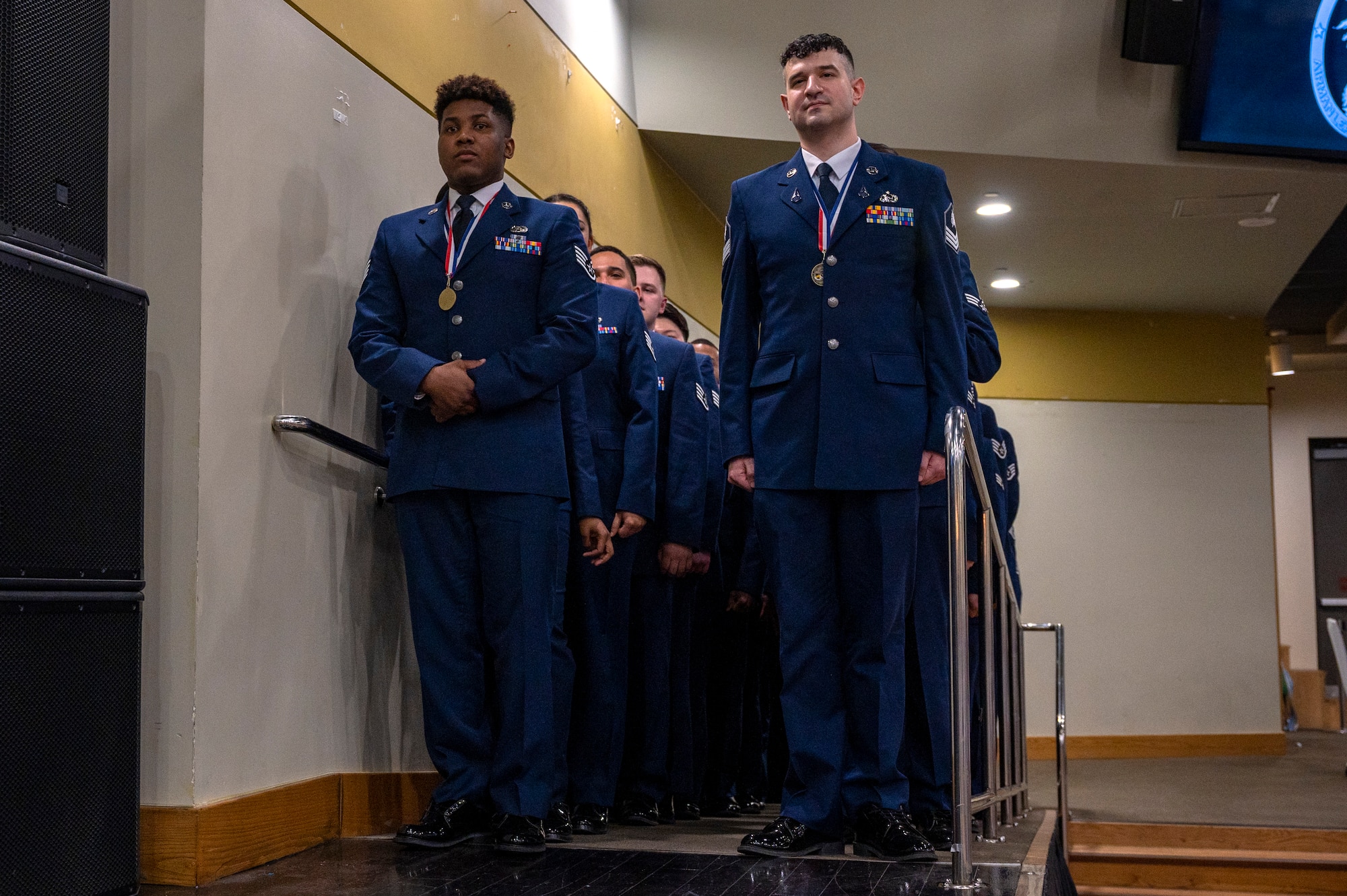 Airman Leadership School Class 24-A prepares to graduate during the ceremony at Osan Air Base, Republic of Korea, Feb. 15, 2024. ALS is a resident Community College Air Force affiliated program that consists of 192 curriculum hours. (U.S. Air Force photo by Senior Airman Kaitlin Castillo)