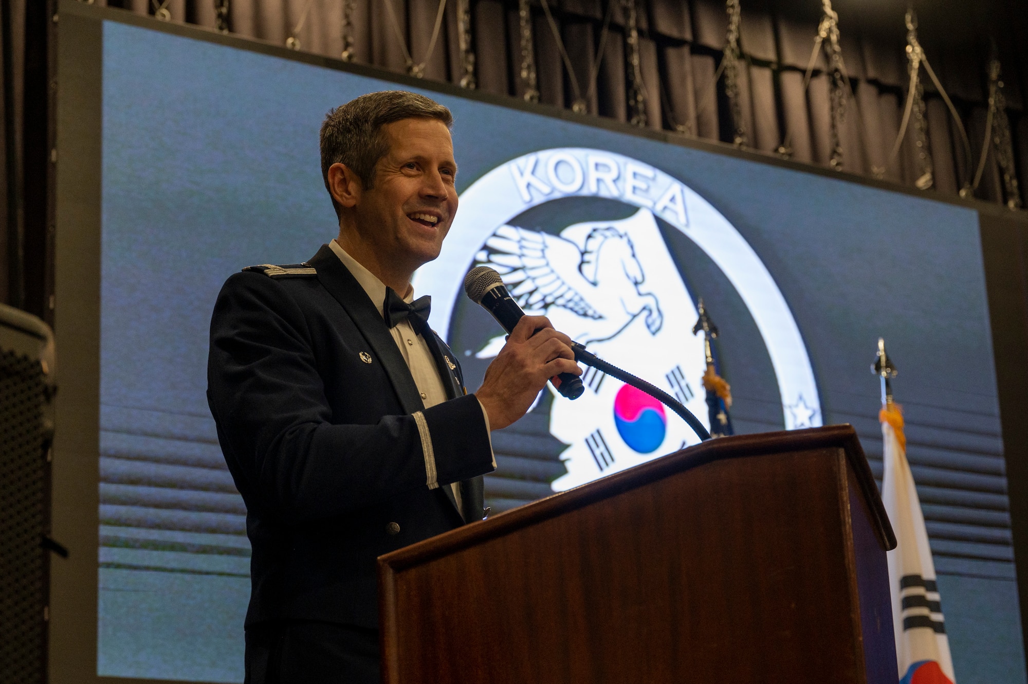U.S. Air Force Col. William McKibban, 51st Fighter Wing commander, congratulates Airman Leadership School Class 24-A graduates during their graduation ceremony at Osan Air Base, Republic of Korea, Feb. 15, 2024. ALS prepares Airmen and Guardians to be professional, war-fighting service members who can supervise and lead work teams to support the employment of Air and Space power. (U.S. Air Force photo by Senior Airman Kaitlin Castillo)