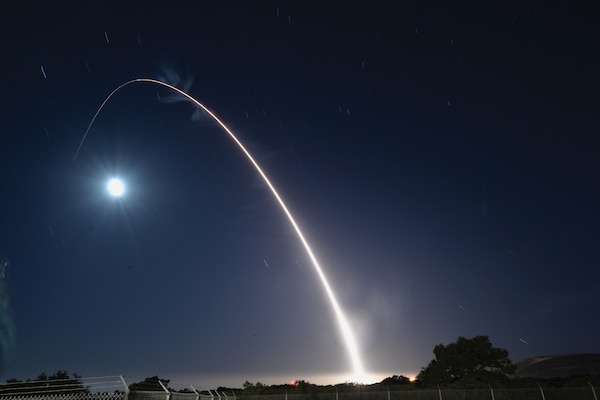 Unarmed Air Force Minuteman III intercontinental ballistic missile launches during operational test, May 3, 2017, at Vandenberg Air Force Base, California (U.S. Air Force/Daniel Brosam)