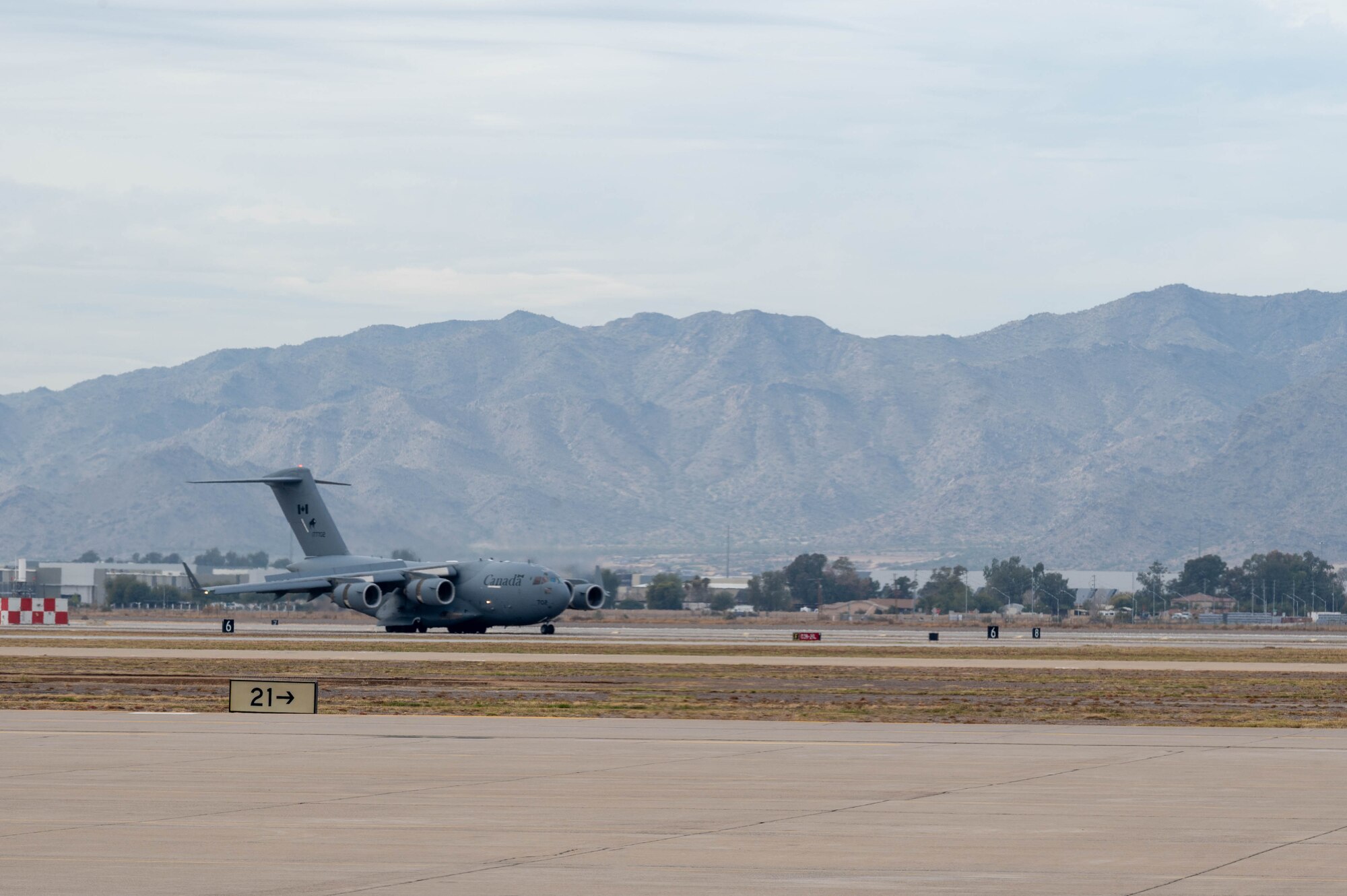 A Royal Canadian Air Force CC-177 Globemaster III, assigned to 429 Transport Squadron, touches down at Luke Air Force Base, Arizona, during exercise Phoenix Sunrise, Jan. 19 - Feb. 17, 2024.