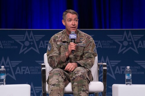 U.S. Space Force Maj. Gen. Gregory J. Gagnon, deputy chief of Space Operations for Intelligence, makes remarks during the panel discussion "Space order of Battle" at the Air and Space Forces Association 2024 Warfare Symposium in Aurora, Colo., Feb. 13, 2024. During the discussion, panelists emphasized the growing threats in the space domain from competitors like China and Russia who have demonstrated dual use capabilities and a wartime space architecture that could put the joint force and its allies and partners at risk. (U.S. Air Force photo by Staff Sgt. Olivia Stecker)