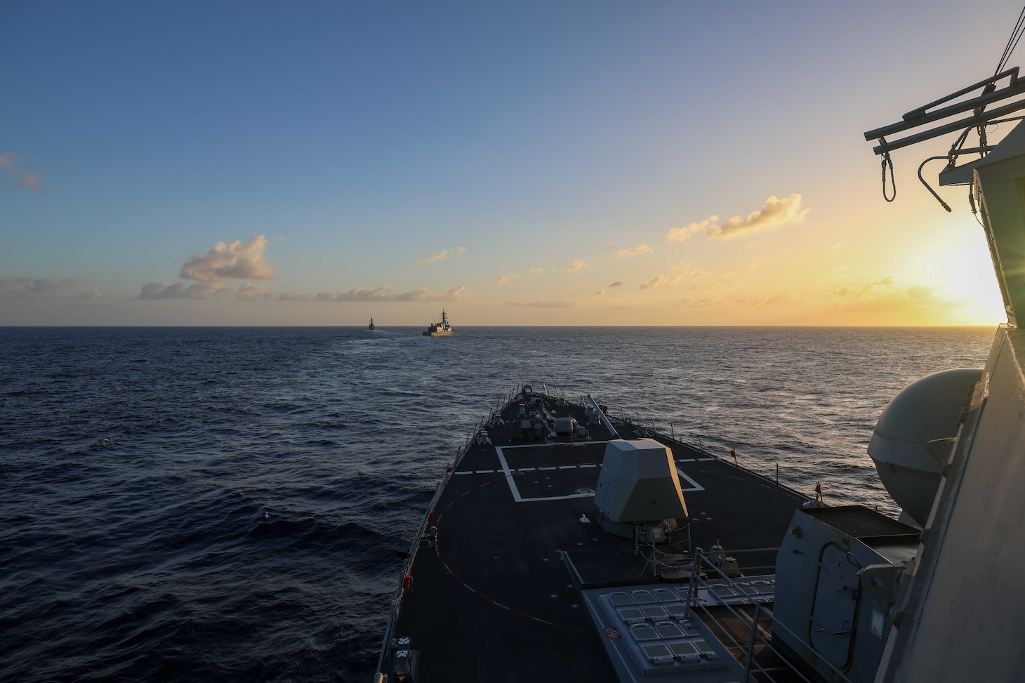 SOUTH CHINA SEA (Feb. 15, 2024) The Arleigh Burke-class guided-missile destroyer USS John Finn (DDG 113) conducts a bilateral exercise in the South China Sea with the Japanese Maritime Self-Defense Force (JMSDF), Hatakaze-class guided missile destroyer JS SHIMAKAZE and Takanami-class destroyer JS SUZUNAMI, Feb. 15. John Finn is forward-deployed and assigned to Commander, Task Force (CTF) 71/Destroyer Squadron (DESRON) 15, the Navy’s largest DESRON and the U.S. 7th Fleet’s principal surface force. (U.S. Navy photo by Mass Communication Specialist 2nd Class Justin Stack)