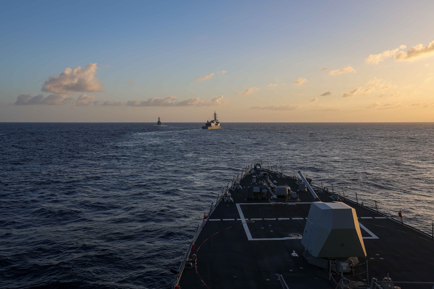 SOUTH CHINA SEA (Feb. 15, 2024) The Arleigh Burke-class guided-missile destroyer USS John Finn (DDG 113) conducts a bilateral exercise in the South China Sea with the Japanese Maritime Self-Defense Force (JMSDF), Hatakaze-class guided missile destroyer, JS SHIMAKAZE and Takanami-class destroyer JS SUZUNAMI, Feb. 15. John Finn is forward-deployed and assigned to Commander, Task Force (CTF) 71/Destroyer Squadron (DESRON) 15, the Navy’s largest DESRON and the U.S. 7th Fleet’s principal surface force. (U.S. Navy photo by Mass Communication Specialist 2nd Class Justin Stack)