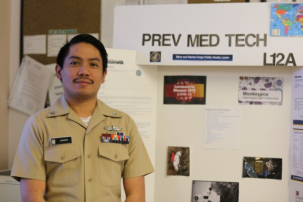 LEMOORE, Calif. (Feb. 15, 2024) Hospital Corpsman 2nd Class ReiCharles Quioco is from Cavite, Philippines. He graduated high school in 2009 and joined the Navy in 2013.  About one year ago he began working at Naval Health Clinic Lemoore in the public health directorate. (U.S. Navy photo by Elaine M. Heirigs/Released)