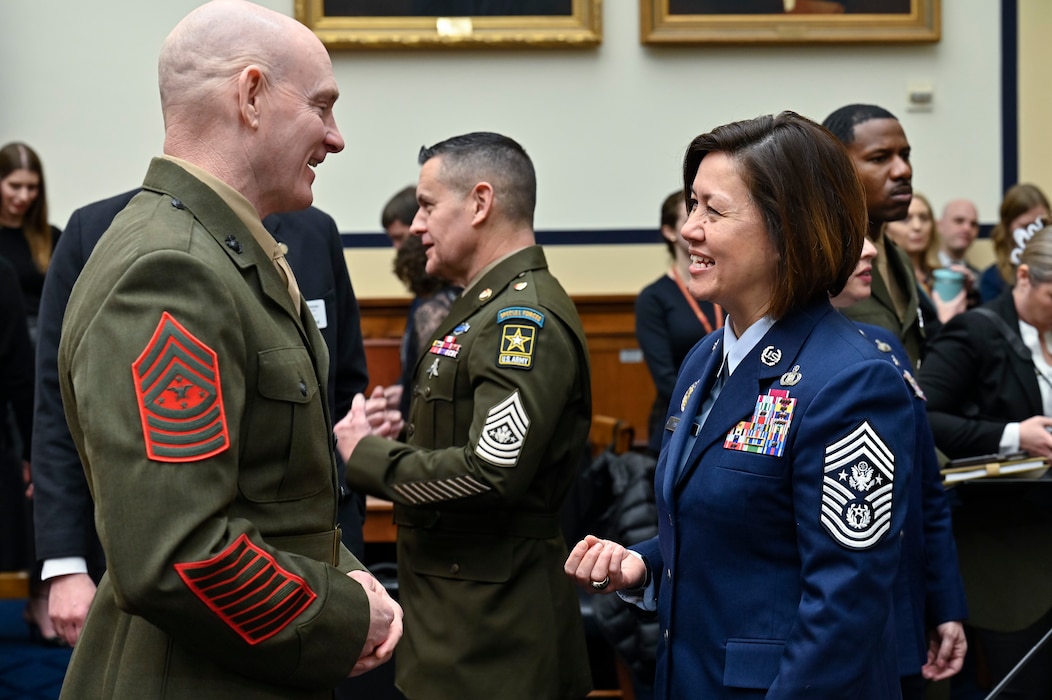 Senior Enlisted Advisor to the Chairman of the Joint Chiefs of Staff Troy E. Black speaks with Chief Master Sgt. of the Air Force JoAnne S. Bass