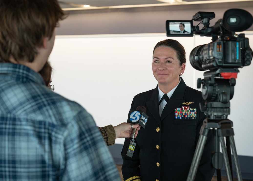 BALTIMORE (January 24, 2024) - Rear Admiral Nancy Lacore, commandant, Naval District Washington, takes part in a press conference at the World Trade Center Baltimore Top of the World Observation Level about the Navy's participation in Maryland Fleet Week and Flyover Baltimore 2024. Maryland Fleet Week and Flyover is the city’s celebration of the sea services with this year marking the City of Baltimore's fourth time hosting Navy Fleet Week. (U.S. Navy photo by Mass Communication Specialist Petty Officer 2nd Class Griffin Kersting)