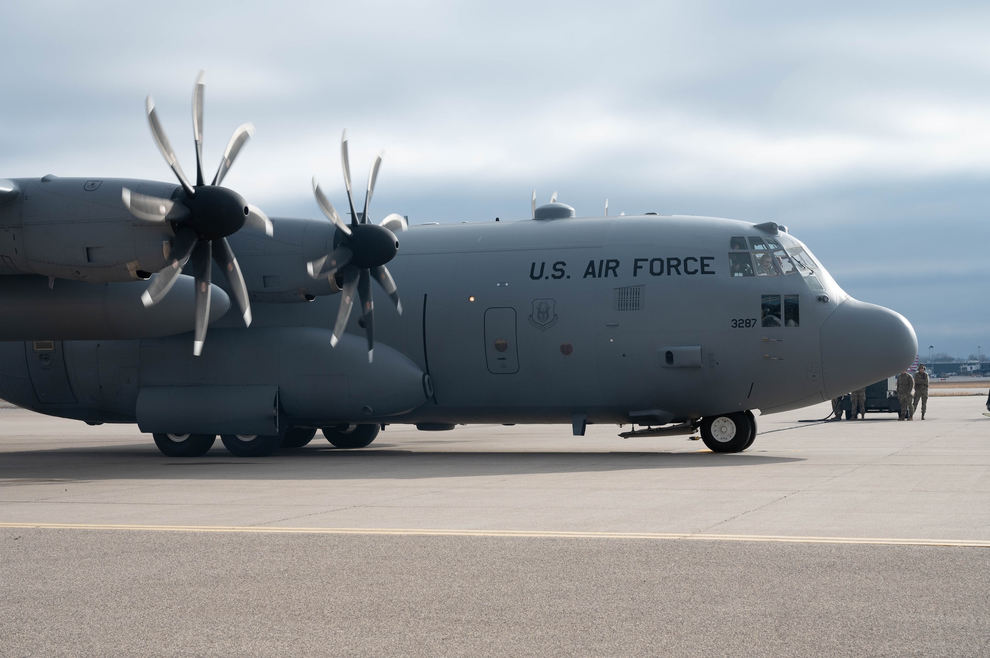 A C-130 Hercules taxis down the ramp for an aeromedical training mission, Feb. 2, 2024. For the first time in wing history the aircraft was piloted and operated by a team of all-female pilots and aircrew.