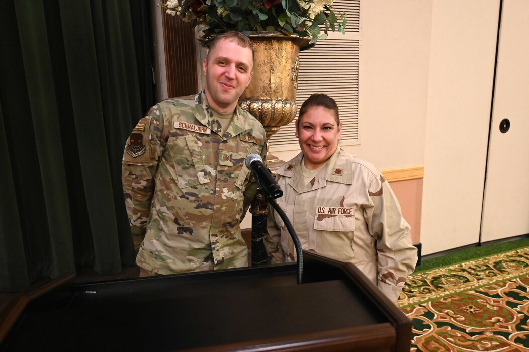 The 433rd Airlift Wing’s 2023 Annual Award banquet was officiated by Maj. Diana Peña, 433rd Force Support Squadron flight commander, and Staff Sgt. Ty Schmaljohn, 433rd Mission Support Group, staff technician, on Feb. 3, 2024, at Joint Base San Antonio-Lackland, Texas. (U.S. Air Force photo by Tech. Sgt. Jacob Lewis)