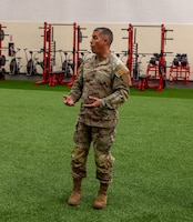 U.S. Army Col. Terry Tillis, the deputy commander maneuver of the 1st Infantry Division and Fort Riley, speaks at the opening of the updated Long Fitness Center. Tillis encourages Soldiers to utilize the new facility and its brand new equipment.(U.S. Army photo by Pfc. Autumn Johnson)