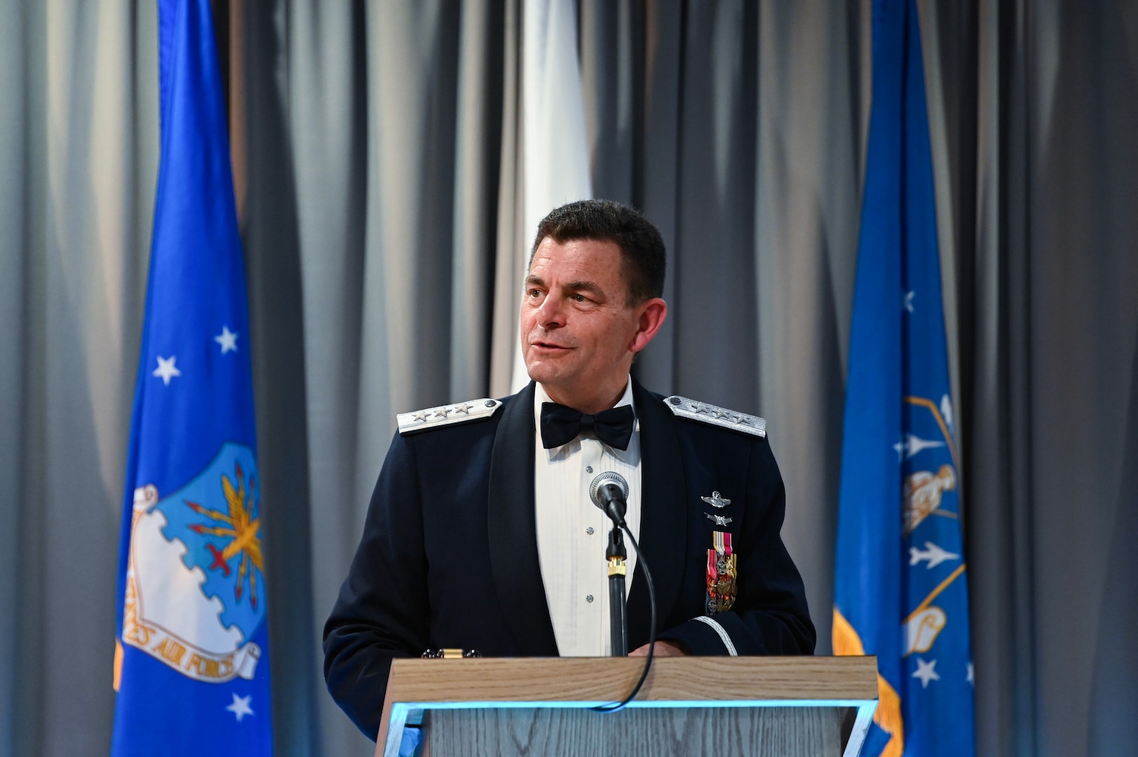 U.S. Air Force Lt. Gen. Michael A. Loh, director, Air National Guard, speaks during his Order of the Sword induction ceremony at the U.S. Air Force Academy, Colorado Springs, Colorado, Feb. 15, 2024.