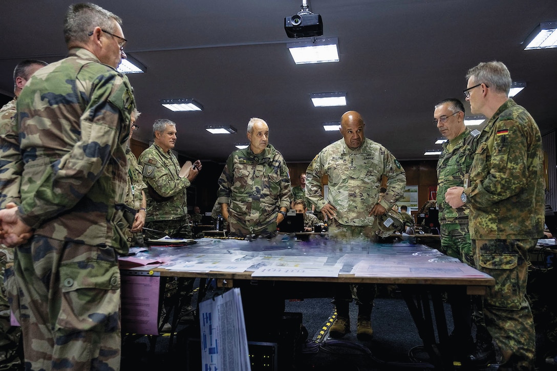 General Darryl Williams discusses mission command execution with senior officers from NATO HQ Allied Rapid Reaction Corps during Steadfast Jupiter 23
