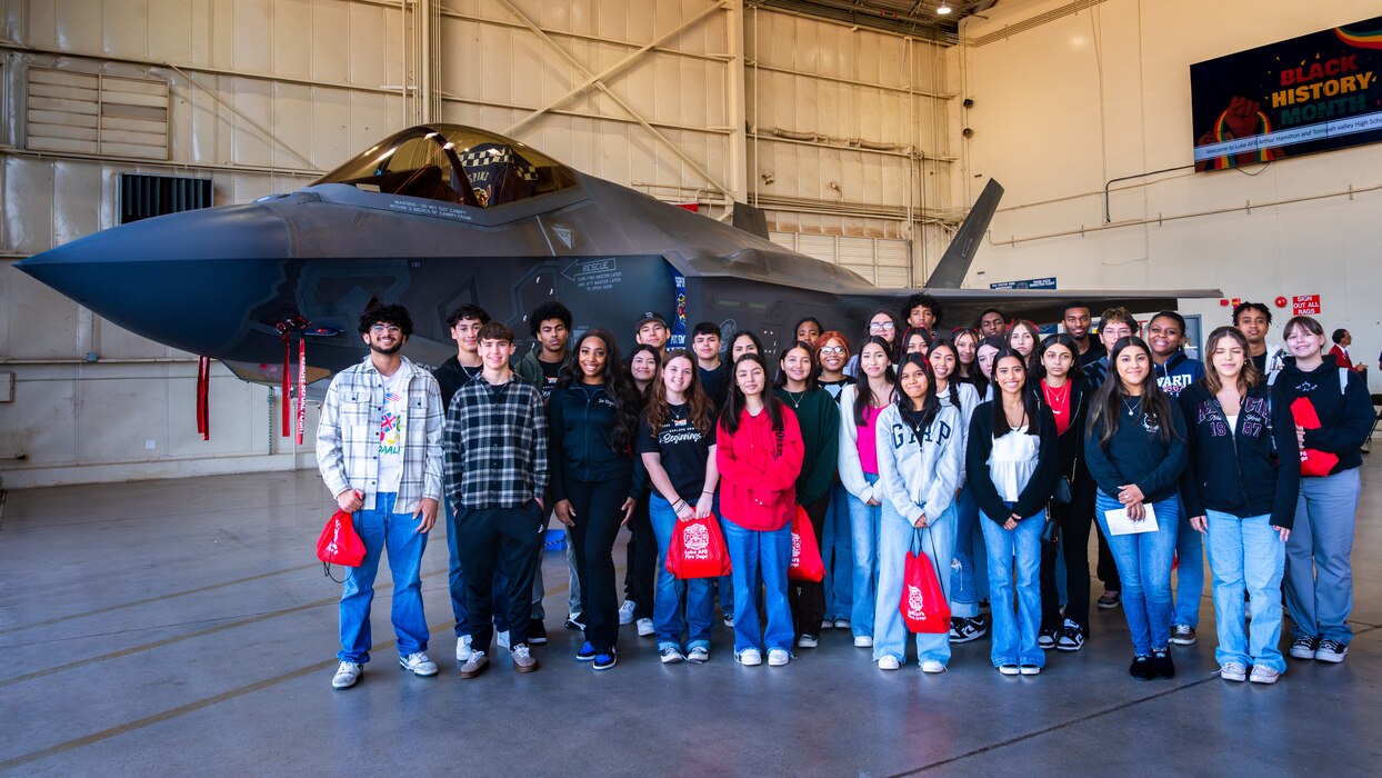Students from Tonopah Valley High School pose for a photo during the Black History Month School Immersion, Feb. 15, 2024, at Luke Air Force Base, Arizona.