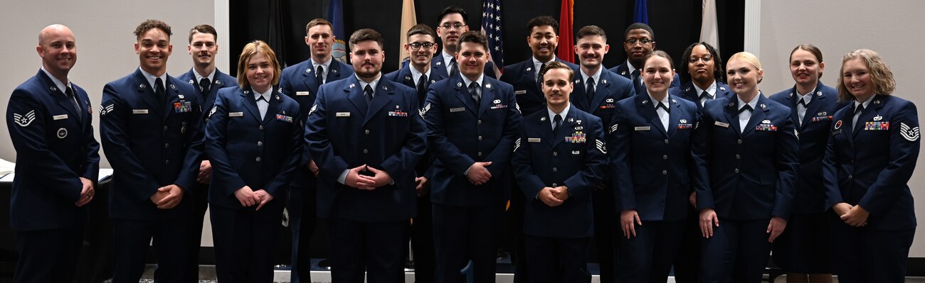 Airman Leadership School Class 24-B prepares to graduate at the Powell Event Center, Goodfellow Air Force Base, Texas, Feb. 15, 2024. The class gathered for a group photo to commemorate their achievement and celebrate the long hours spent becoming first-line supervisors. (U.S. Air Force photo by Senior Airman Ethan Sherwood)