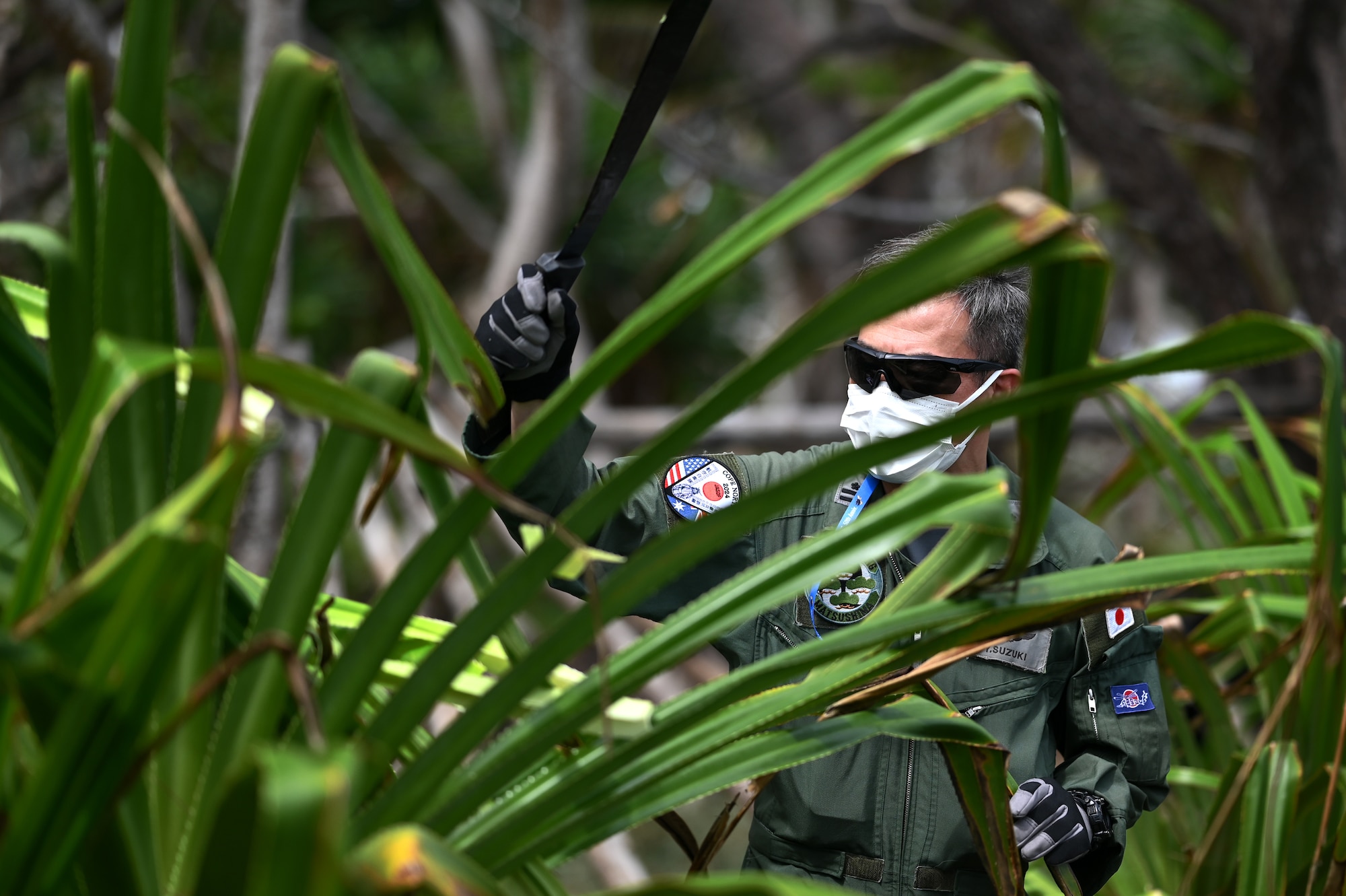 A JASDF Airman cuts tropical brush with a machete.