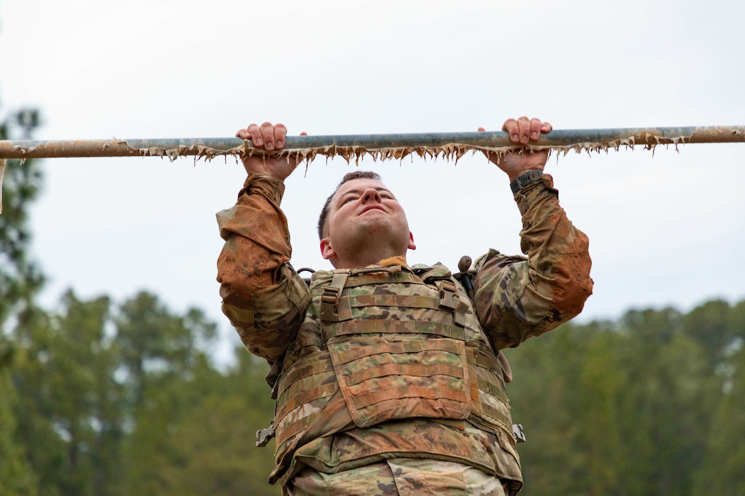 A soldier grips a metal bar while attempting a pullup with a cloudy sky and trees in the backdrop.